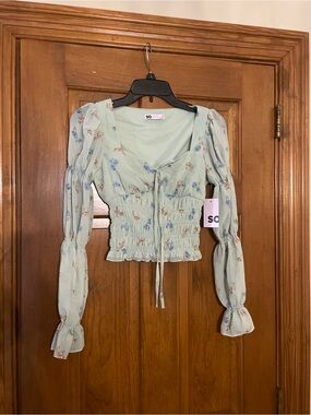 SO Mint Green Floral Smocked‎ Tie-Front Long Sheer Sleeve Crop Blouse, Size XS